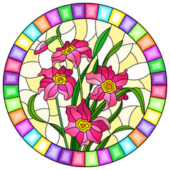 Illustration in stained glass style with a pink flowers on a yellow background in bright frame, round image