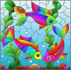 Illustration in stained glass style with bright rainbow fish on the background of water, bottom and algae