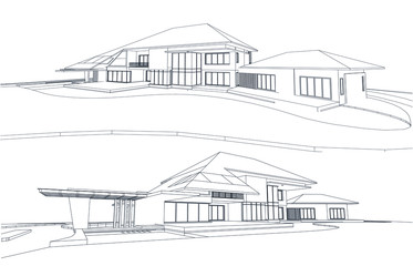 Perspective 3D render of building wireframe.