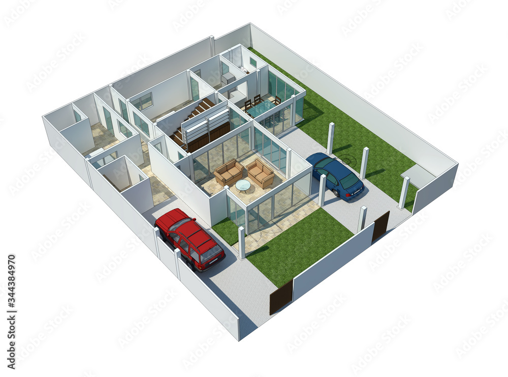 Wall mural floor plan top view. house interior isolated on white background. 3d render