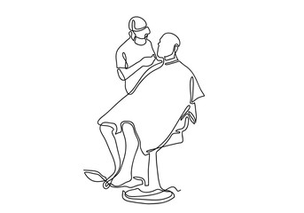 Illustration sketch doodle hand drawn - hairdresser using cut on hair of male with black lines isolated on white