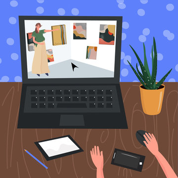 A Virtual Trip To The Museum. Online Visit To The Art Gallery. Contemporary Art Gallery. Home Hobby For Self Isolation. Vector Flat Illustration With  A Man Who Is Watching An Exhibition On A Laptop.