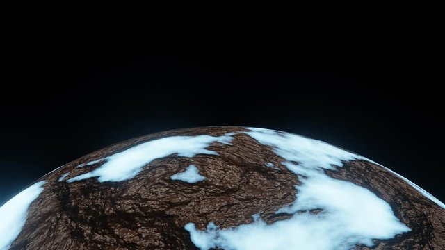 Ice Planet or Ice Age Cold World Rotate Motion Background on Half Frame in Global Colding Concept. Cold earth 3d model on black background