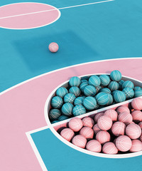 abstract pastel pink blue color basketball court with hoop and ball minimalistic composition. 3d render
