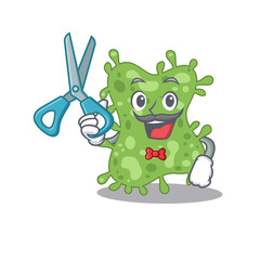 Sporty salmonella enterica cartoon character design with barber