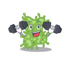Mascot design of smiling Fitness exercise salmonella enterica lift up barbells