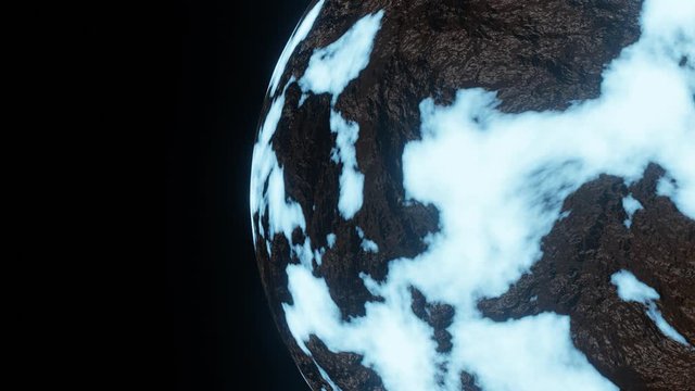 Ice Planet or Ice Age Cold World Rotate Motion Background in Right Frame in Global Colding Concept. Cold earth 3d model on black background