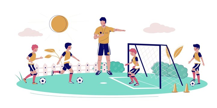 Kids soccer school vector flat style design illustration