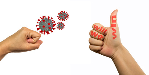we will win hand   and other fighting coronvavirus  isolated and red text  for coronavirus covid-19  fight