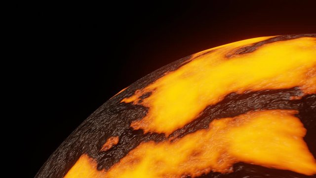 Burning Planet or Hot World Rotate Motion Background on Side View in Global Warming Concept. Hot earth 3d model on black background