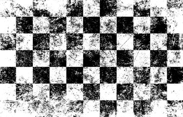 Black white checkered grunge background. Worn scratched surface. Shabby pattern. Distress texture. 