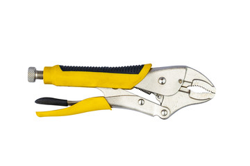 Yellow locking pliers isolated on white background with clipping path.