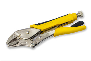 Yellow locking pliers isolated on white background with clipping path.