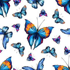 Beautiful butterfly seamless pattern with white background. Tropical, jungle and forest colorful insects in hand drawn digital style. Illustration for fashion, fabric, textile and print