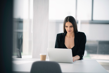 Young businesswoman working on lap top. Beautiful woman in office.	
