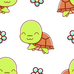 Seamless pattern, cute kawaii hand drawn turtle doodles