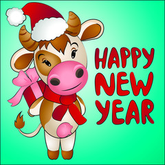 Cute cartoon cow, bull with Christmas present  symbol 2021 on the eastern calendar. Humor card, t-shirt design composition, hand drawn style print. Vector illustration.