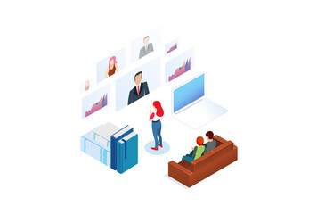 Modern Technology Isometric Smart Online Webinar Training Technology Illustration in White Isolated Background With People and Digital Related Asset