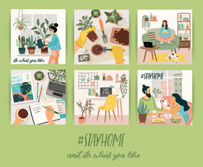 Stay at home. People stay in cozy house. Vector illustrations.