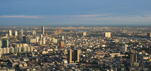 18 October 2019, Bangkok Thailand. Aerial Skyline Panorama of Bangkok Cityscape from Mahanakorn Skywalk. Super Beautiful. The New Observation Deck from The Tallest Building of Bangkok.
