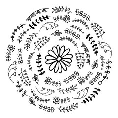 Vector floral doodle mandala. Collection of flowers and leaves. Ready emblem, logo, sticker, coloring books, poster, banner. For design of surfaces, textiles, packaging, backgrounds. Subject nature