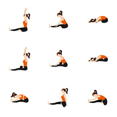 Head to knee variations yoga asanas set/ Illustration stylized woman practicing janu sirsasana variations
