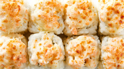Baked shrimp rolls on white background top view