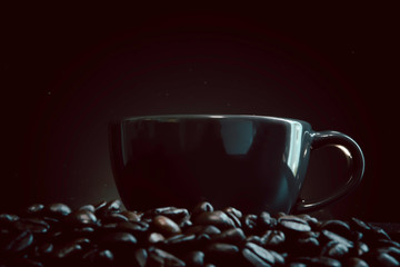 A dark black coffee cup is placed over a pile of roasted coffee beans with a black background