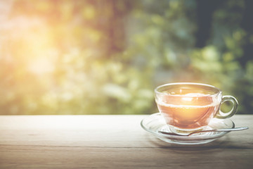 clear glass tea cup placed on an old wooden table with green leaves background