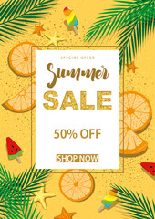 Summer Sale Banner with Symbols for Summer Time Such as Orange Slices and Ice-cream and Palm Leafs and Beach Sand and etc. - Vector Illustration