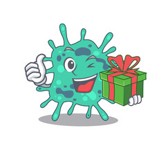 Smiling shigella boydii cartoon character having a green gift box