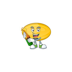 Mascot cartoon design of oil capsule making toast with a bottle of beer