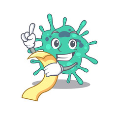 Shigella boydii mascot character design with a menu on his hand