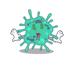 Rich cartoon character design of shigella boydii with money eyes