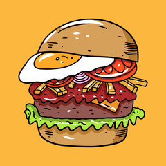 Burger with french fries and egg. Colorful vector illustration in cartoon style. Isolated on yellow background.