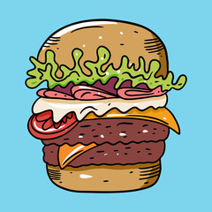 Double burger with ham. Colorful vector illustration in flat cartoon style. Isolated on blue background.