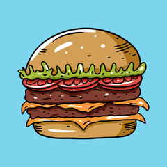 Big double burger. Colorful vector illustration in flat cartoon style. Isolated on blue background.