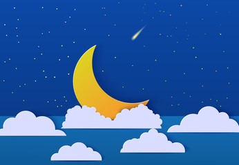 Night sky and crescent paper cut style. Cut out 3d evening landscape with blue backdrop, cloud moon stars falling meteorite papercut. Cute kids origami cloudscape. Vector good night sweet dreams card