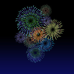 Fototapeta premium Fireworks material. Night sky fireworks background. Fireworks appear in the summer night sky. 背景：花火 はなび 打上花火 夜空 夏 祭り 夜景