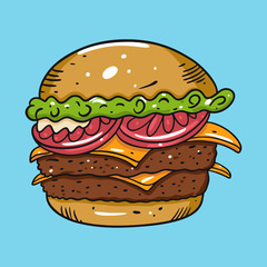 A vector illustration of a burger with two patties, cheese, and tomatoes on a blue background, evoking a sense of deliciousness and culinary satisfaction, suitable for various design purposes.