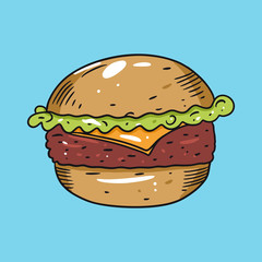 Burger vector illustration in flat cartoon style. Isolated on blue background.