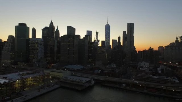 Drone Footage Manhattan from Brooklyn at Dusk New York City USA