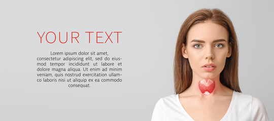 Woman with thyroid gland problem on grey background with space for text