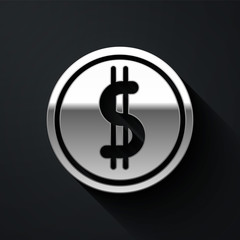 Obraz premium Silver Coin money with dollar symbol icon isolated on black background. Banking currency sign. Cash symbol. Long shadow style. Vector Illustration