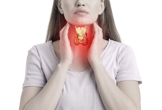 Woman with thyroid gland problem on white background