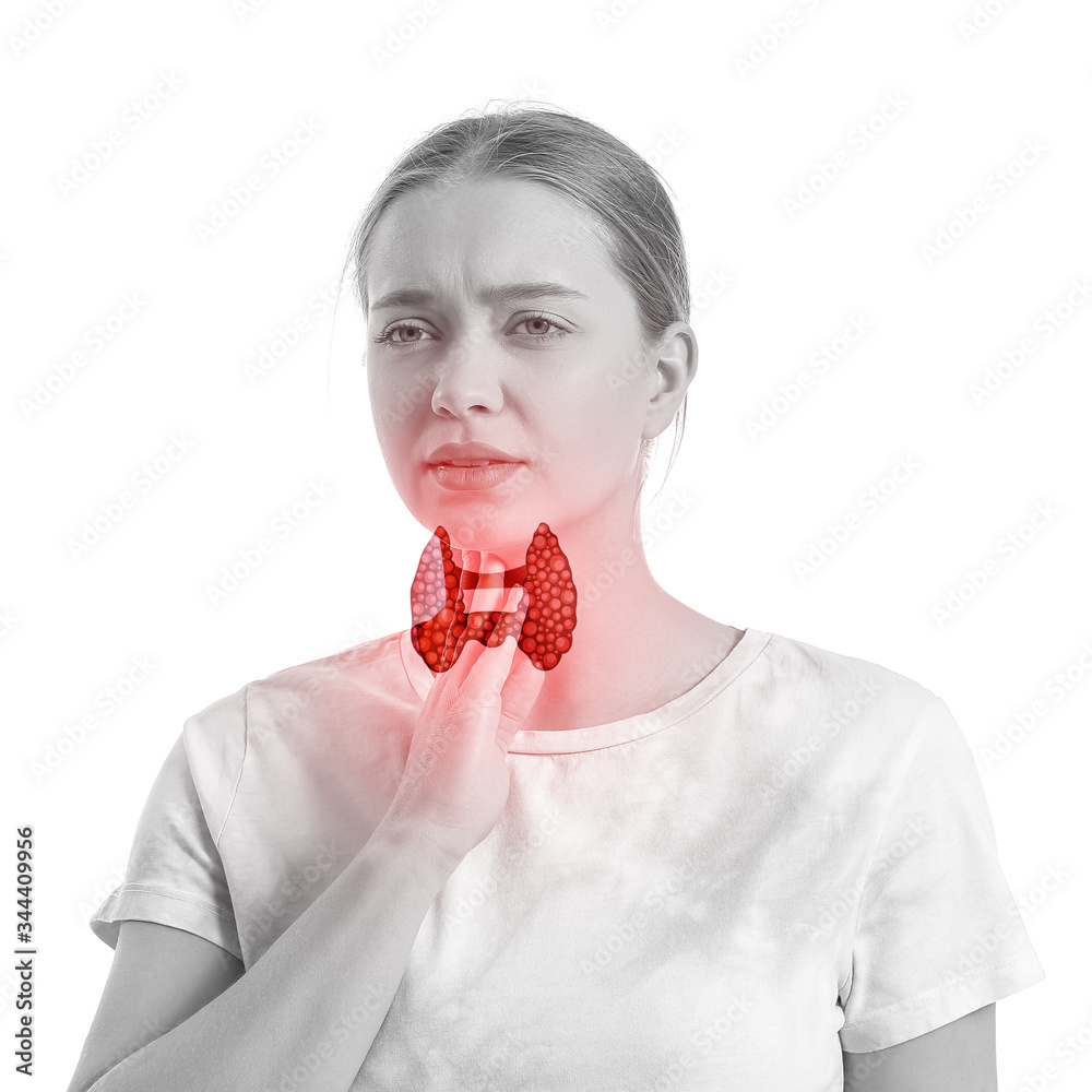 Poster Woman with thyroid gland problem on white background