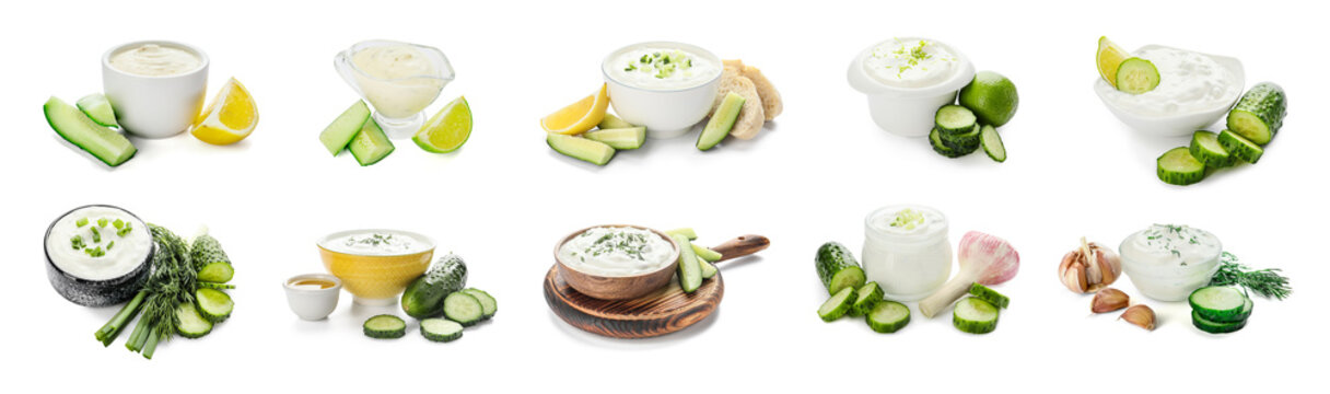 Delicious yogurt sauce with cucumber on white background