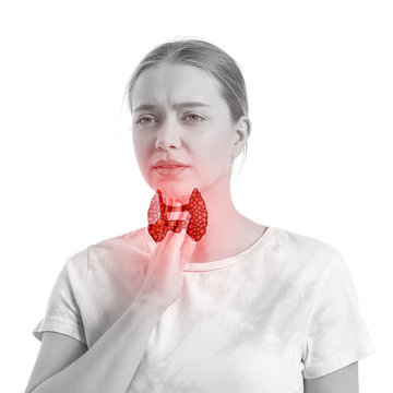 Woman With Thyroid Gland Problem On White Background