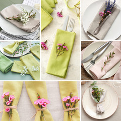 Set of different table settings with floral decor