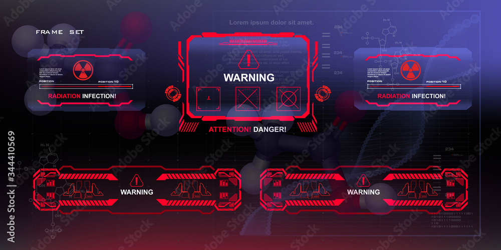 Fototapete set of red frames and pop-ups warning of danger. risk of chemical contamination. background with haz